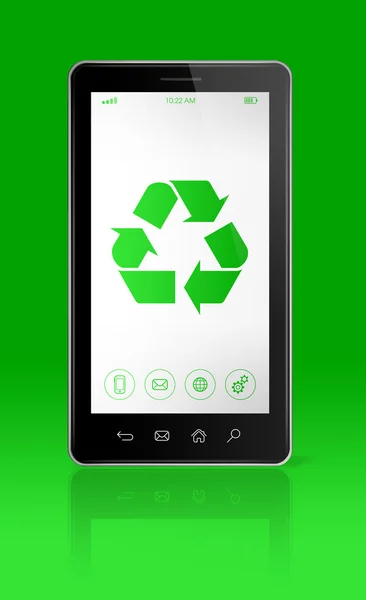 Smartphone com um símbolo de reciclagem na tela. contras ambientais — Fotografia de Stock