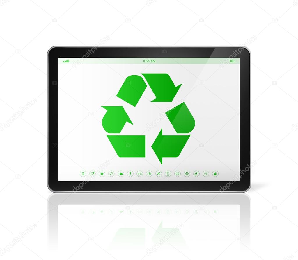 Digital tablet PC with a recycle symbol on screen. environmental