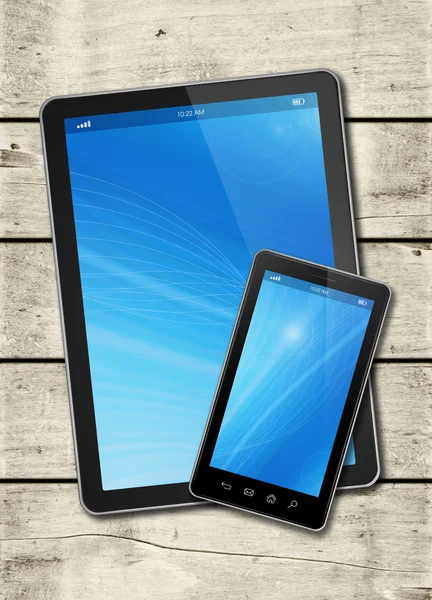 Smartphone és digitális tablet Pc egy fehér fa tábla — Stock Fotó