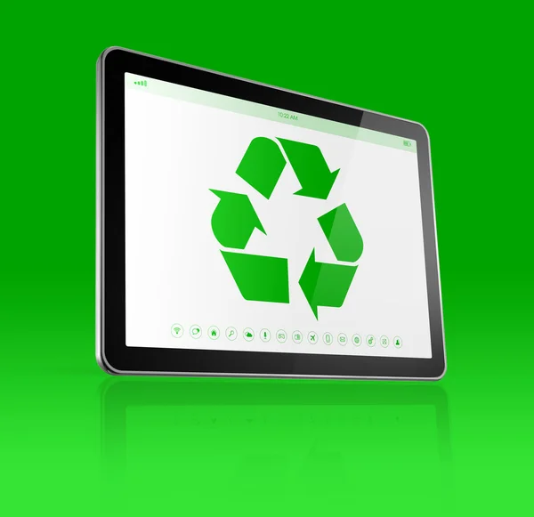数字平板电脑屏幕上回收标志。生态 — 图库照片