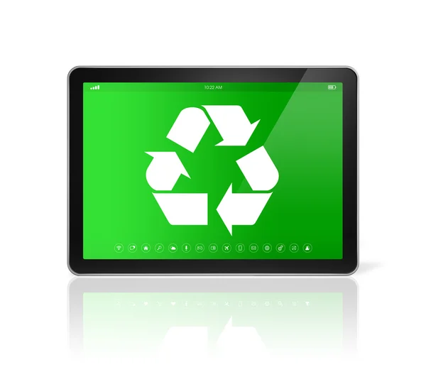 Digital tablet PC with a recycling symbol on screen. environment — Stock Photo, Image