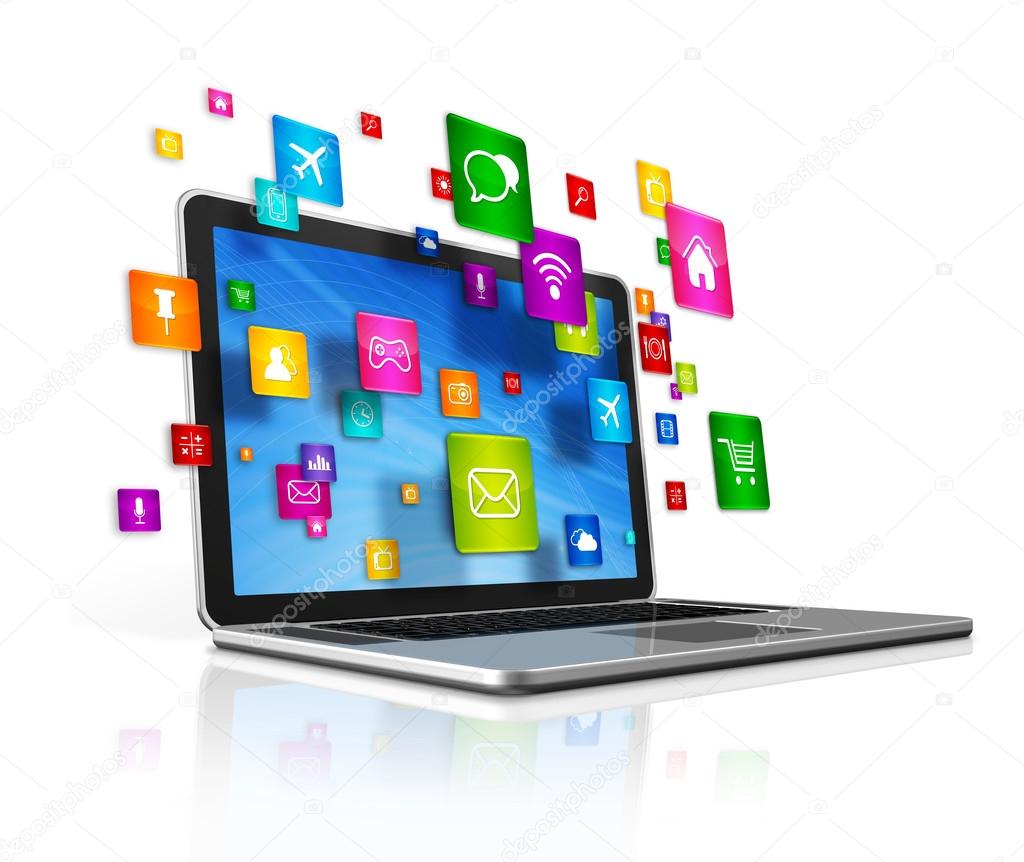 Laptop Computer And Flying Apps Icons On A White Background Laptop Computer And Flying Apps Icons On A White Background