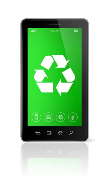 智能手机屏幕上回收标志。环境的利弊 — 图库照片