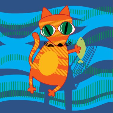 Balık tutan karikatür kedi