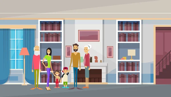 Abuelos de la familia grande, padres, dos niños en la casa moderna — Vector de stock