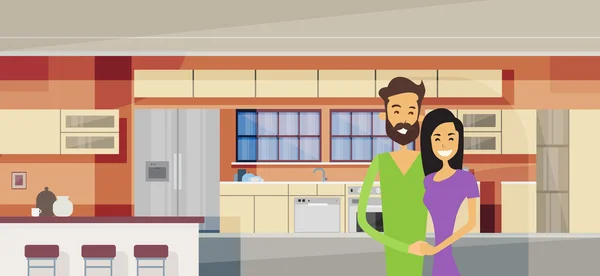 Casal abraçando na cozinha moderna Interior — Vetor de Stock