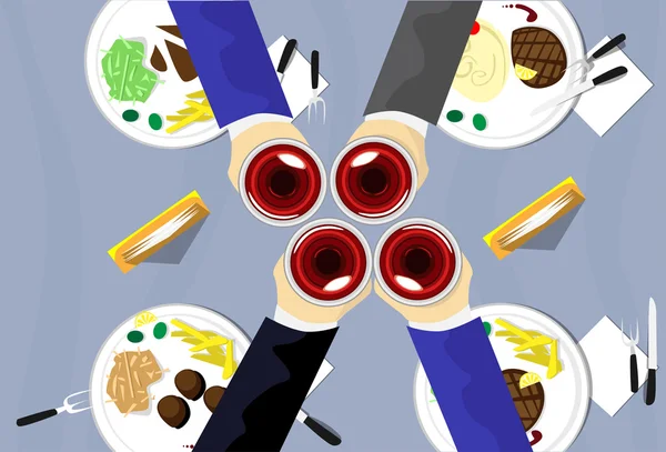 Вид на верхний стол ресторана, групповое питание, бокал вина для празднования тоста — стоковый вектор