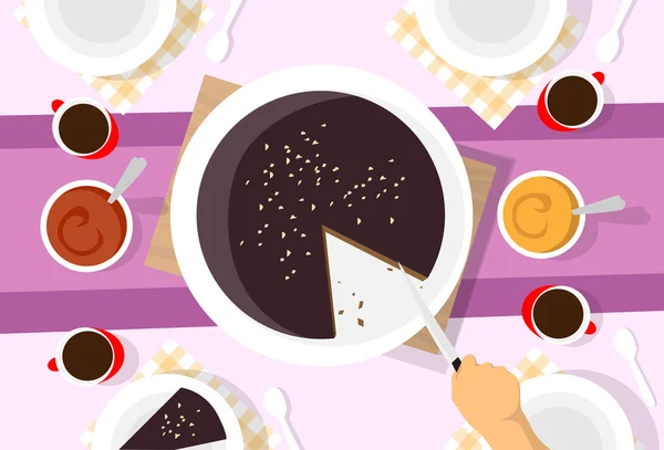 Χέρι κρατήστε μαχαίρι κόψτε το κέικ, κύπελλα τσάι τραπέζι σαλονιού γιορτή κορυφαία γωνία προβολής — Διανυσματικό Αρχείο