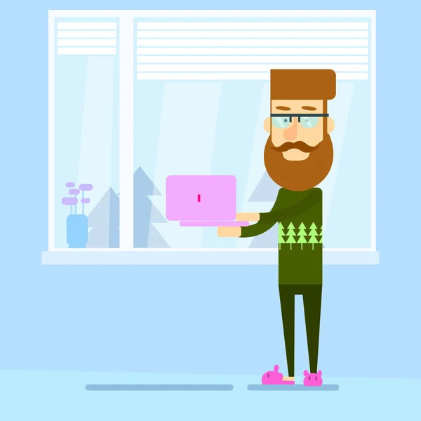 Hipster Man Holding Laptop Bilgisayar Standı Pencere Ev Yakın — Stok Vektör