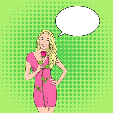 Kadın tutun gül çiçek kabarcık 8 Mart Pop Art renkli Retro tarzı sohbet