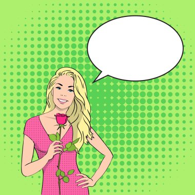 Kadın tutun gül çiçek kabarcık 8 Mart Pop Art renkli Retro tarzı sohbet