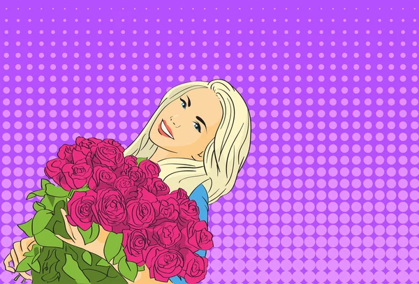 Žena drží růže květ kytice března Pop Art barevné Retro styl — Stockový vektor