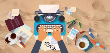 Ahşap doku Resepsiyon üst açılı görünüş metin yazar Yazar Blog yazmaya elleri Typewrite