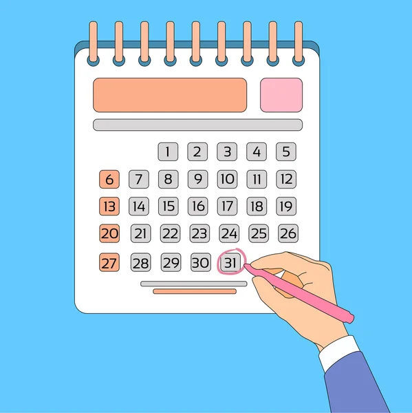 Kalendáře ruky Draw Pen červený kruh datum poslední den měsíce termín — Stockový vektor