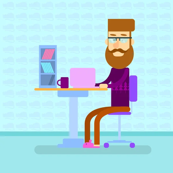Homme Hipster ordinateur portable de travail, bureau Sittign — Image vectorielle
