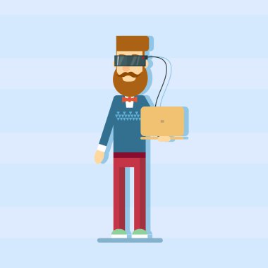 Casual Man Hold Laptop Bilgisayar Wear Dijital Gözlük