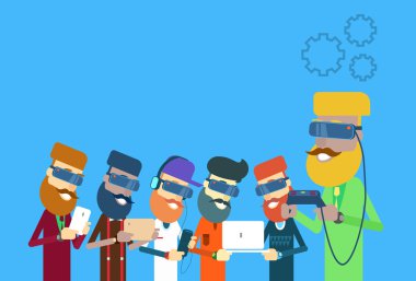 Casual Man Group Hold Laptop, Tablet, Akıllı Telefon, Uzaktan Konsol Wear Dijital Gözlük