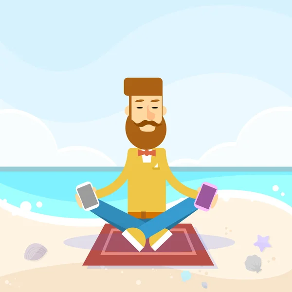 Man Sit On Sea Beach Vacation Lotus Pose Hold Cell Smart Phone Social Network Communication — Stock Vector