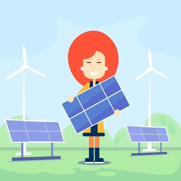 Woman Hold Solar Energy Panel Outdoor Wind Turbine — ストックベクタ