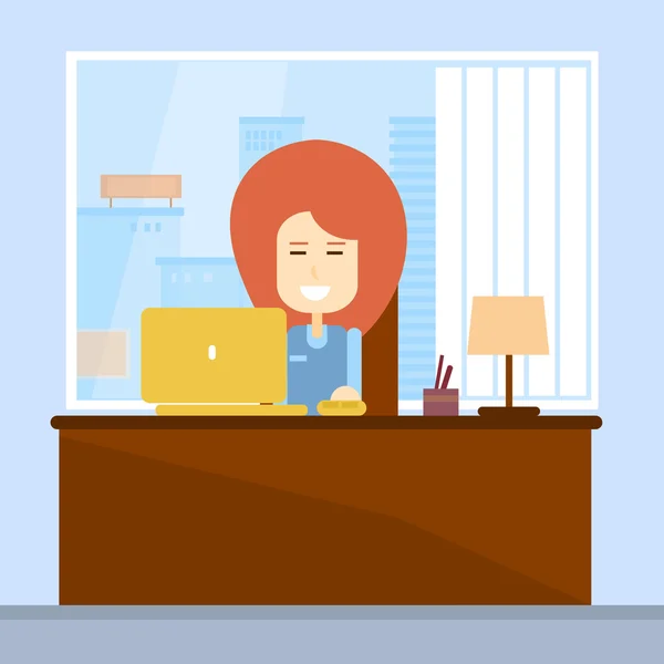 Business Woman Sitting Desk Office Working Place Laptop — Stock Vector