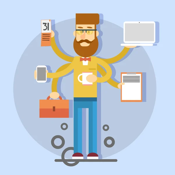 Příležitostný obchodní muž s mnoha rukama držící pohár, kufr, laptop, smartphone, kalendář — Stockový vektor