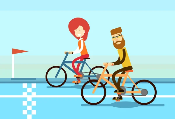 Çift Adam Kadın Ride Bisiklet Yarış Yolu — Stok Vektör