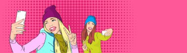 Two Girls Taking Selfie Smart Phone Photo Wear Winter Hat Pop Art Colorful Retro Style