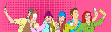 People Group Öğrencileri Akıllı Telefon Pop Art'ta Selfie Fotoğrafı Çekiyor