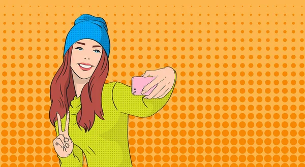 Woman In Hat Girl Taking Selfie Photo On Smart Phone Peace Gesture Pop Art Retro Style — Stockvector