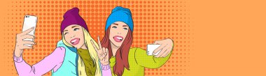 Selfie Çeken İki Kız Akıllı Telefon Fotoğraf Giyim Kış Şapka Pop Art Colorful Retro Style