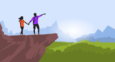 Couple Hiking Man Woman Silhouette Traveler Stand On Mountain Rock Cliff clipart