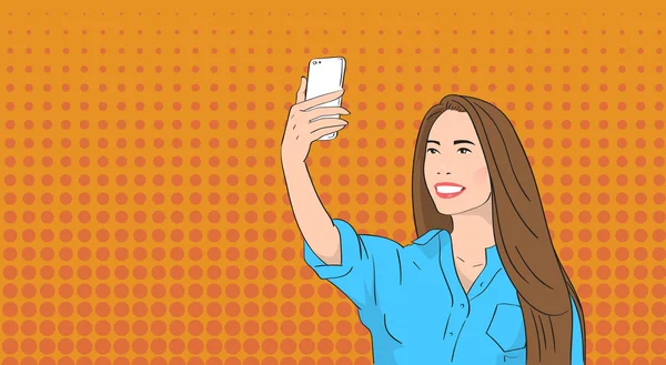 Mujer asiática tomando foto selfie en el teléfono inteligente Pop Art colorido estilo retro — Vector de stock