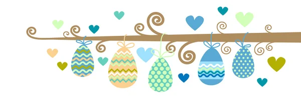 Прикрашені барвисті великодні святкові яйця висять на гілці дерева — стоковий вектор