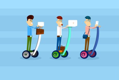 Business Man Group Ride Segway Electric Scooter Use Laptop Tablet Computer Smart Phone Social Network Communication