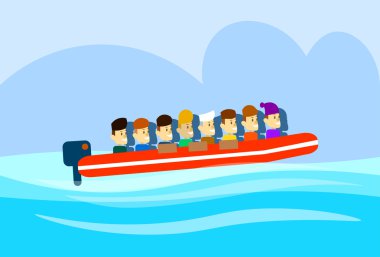 Migrant Crisis People Group Emigrant Motor Boat clipart