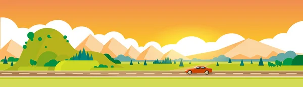 Auto fahren Straße Gebirge Sommer Landschaft horizontal Banner — Stockvektor