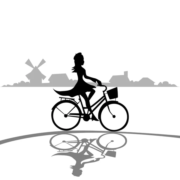 Woman Ride Bicycle Elegant Silhouette Fashion Dress — Wektor stockowy