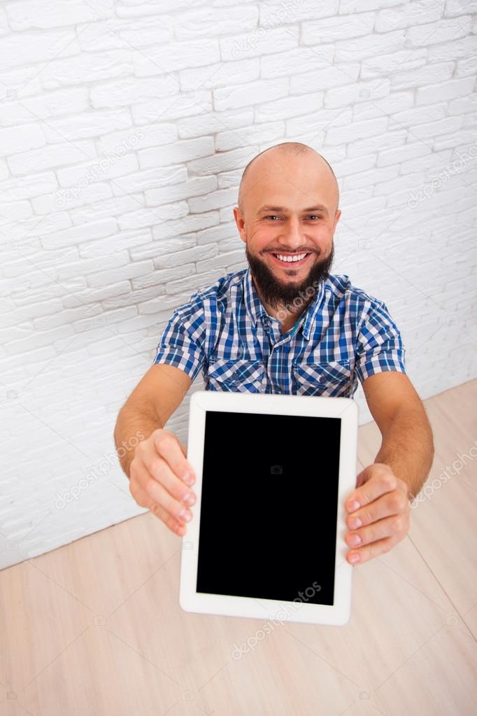 Businessman Show Tablet Screen, Casual Bearded Man Computer Copy Space