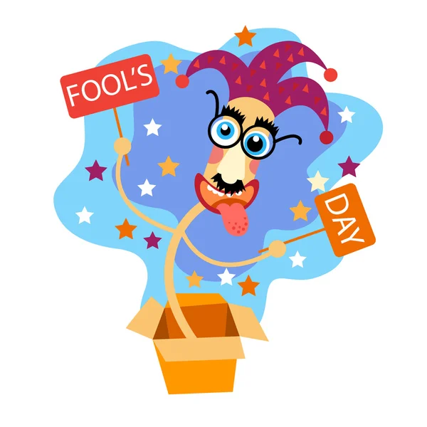 Fool Day Comic Crazy Clown Head In Surprise Box Avril Bannière de carte de voeux vacances — Image vectorielle