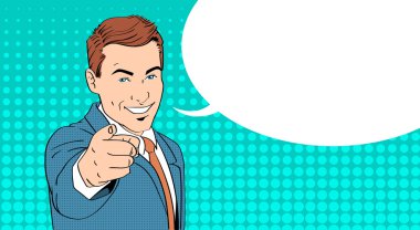 İş Adamı Point Finger At You Chat Bubble Pop Art Colorful Retro Style