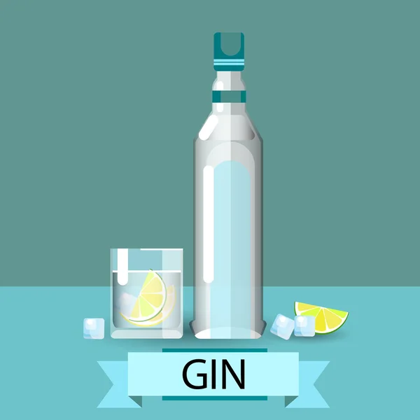 Ginebra botella vidrio limón alcohol bebida icono plano — Vector de stock