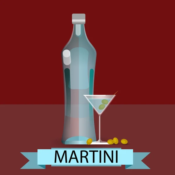 Martini Bottle Glass Olive Alcohol Drink Icon Flat — Stock Vector