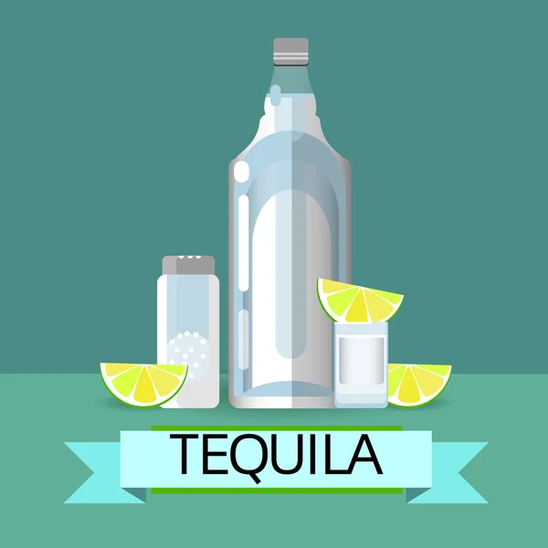 Tequila botella vidrio con limón cal sal alcohol bebida icono plano — Vector de stock
