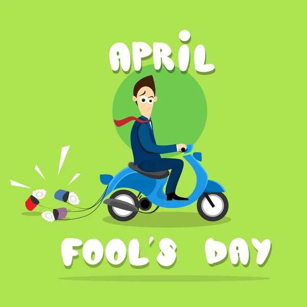 Business Man Ride Electric Scooter With Cans, First April Fool Day Happy Holiday Greeting Card — Stock Vector