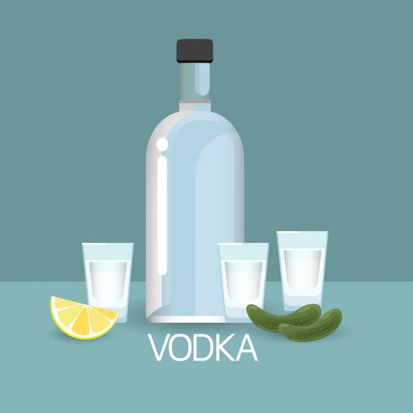 Vodca botella vidrio con pepino limón rebanada alcohol bebida icono plano — Vector de stock