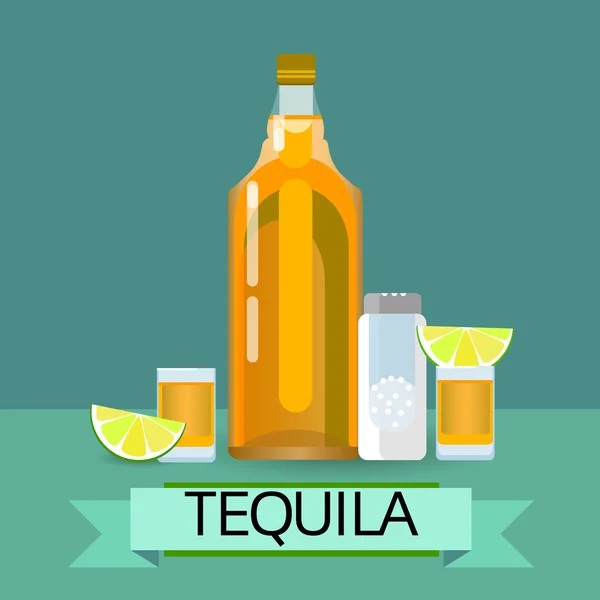 Vidro da garrafa do ouro de Tequila com bebida do álcool do sal do limão do limão —  Vetores de Stock