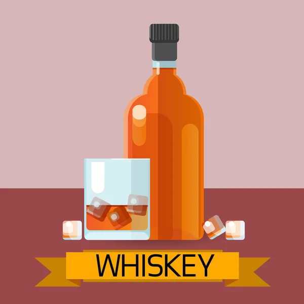 Vaso de botella de whisky con hielo bebida alcohólica icono plano — Vector de stock