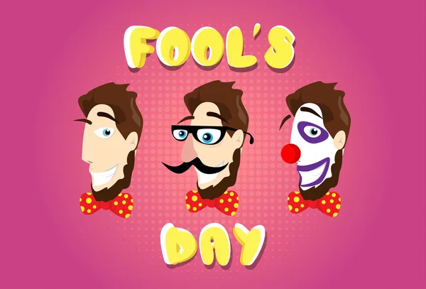 Homme tête fausse moustache lunettes arc cravate clown maquillage première avril Fool Day — Image vectorielle