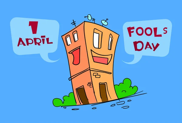 Funny House Bina Karikatür Karakter Fool Day Nisan Tatil Tebrik Kartı — Stok Vektör