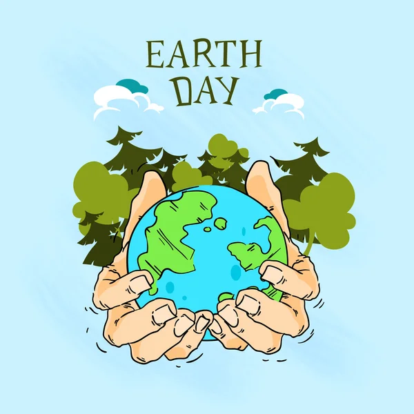 Earth Day ręce trzymać glob z lasu drzew szkic — Wektor stockowy